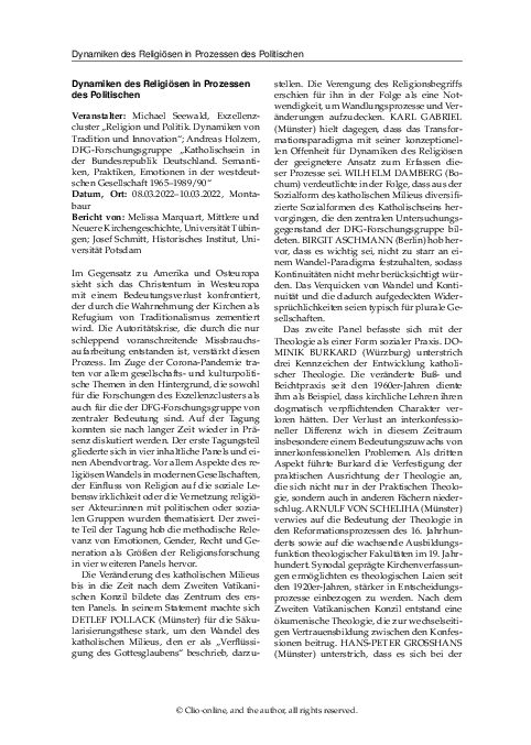 Tagungsbericht: Dynamiken des Religiösen in Prozessen des Politischen, 08.03.2022 – 10.03.2022 Montabaur